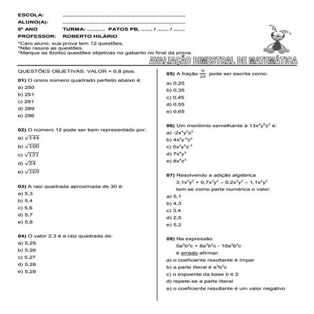 Prova do 8º ano do auzanir