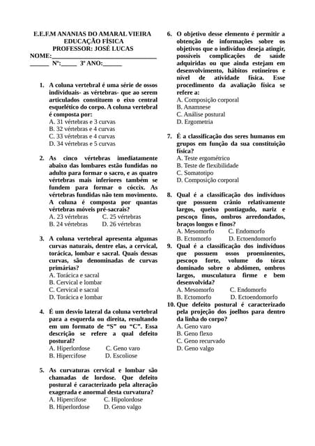 PROVA DE EDUCAÇÃO FÍSICA 3º ANO