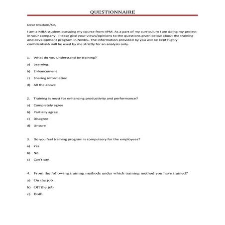 Questionnaire on training and development