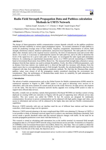 Radio field strength propagation data and pathloss calculation methods in umt...