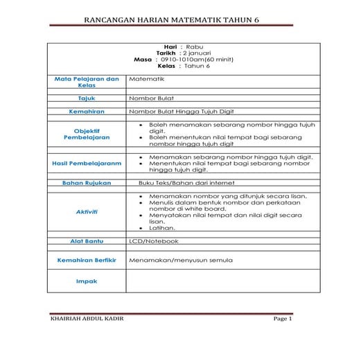 Rancangan harian matematik tahun 6 pdf