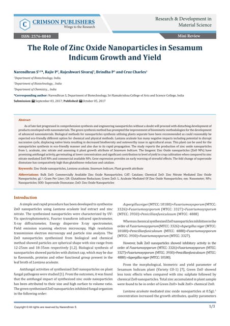 Crimson Publishers-The Role of Zinc Oxide Nanoparticles in Sesamum Indicum Gr...