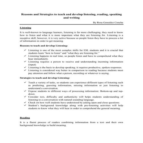 Reasons and strategies to teach the four skills.