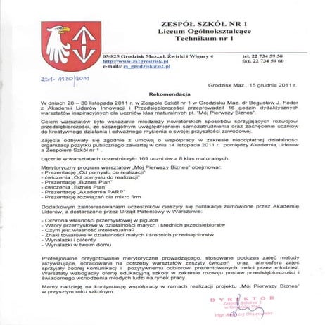 Rekomendacja Dyrekcji Zespołu Szkół nr 1