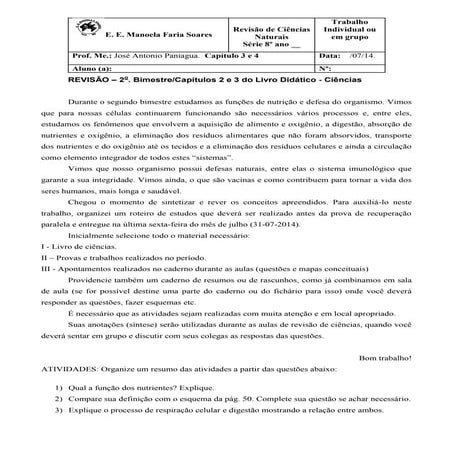 Revisão para recuperação paralela em Ciências da Natureza - 8º anos 2014  
