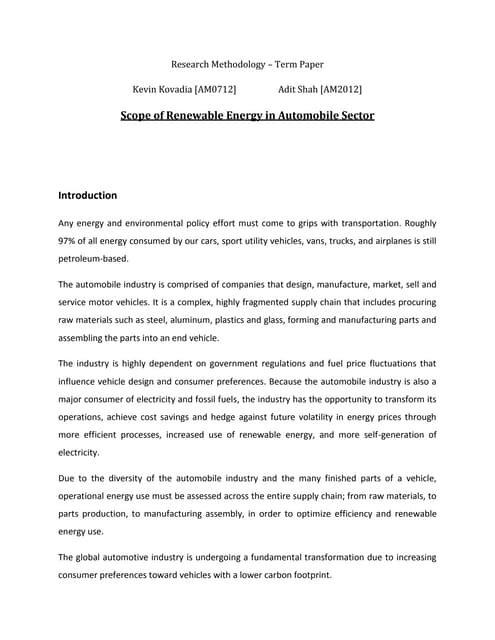 scope of reenewable energy in automobile industry