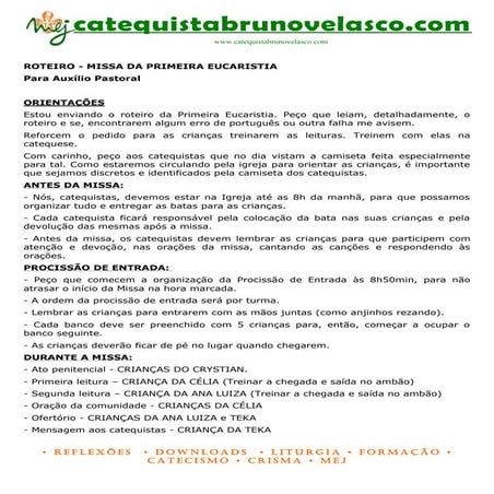 Roteiro de missa de 1ª eucaristia.