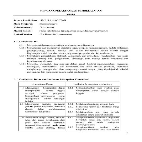 Rpp Bahasa Inggris SMP kelas VII warning and short notice