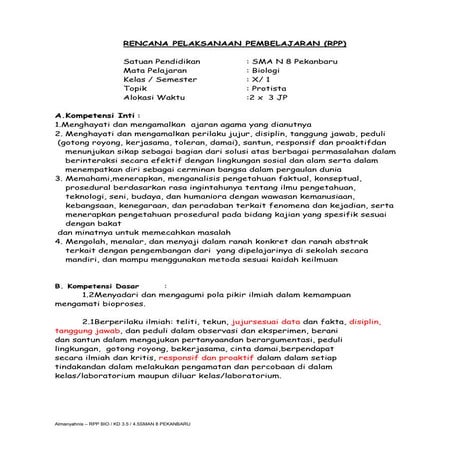 RPP BIOLOGI KELAS X /   KD 3.5 DAN 4.5   (PROTISTA)