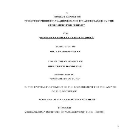 Project report on Hindustan Unilever Product - Pure-it
