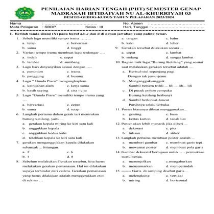 SOAL SBDP KELAS 3 SEMESTER GENAP TAHUN PELAJARAN 2023 2024