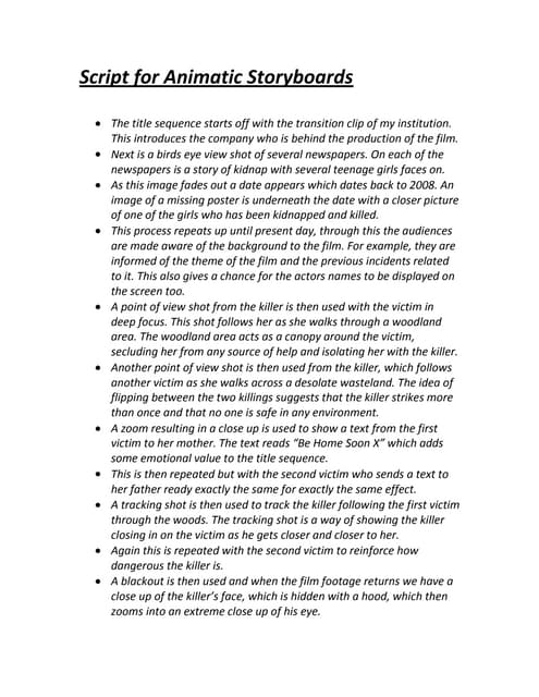 Script for animatic storyboards