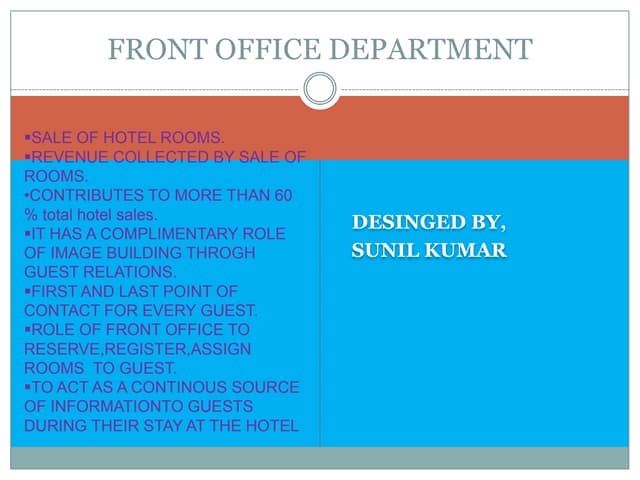 Sections of front office department in hotels
