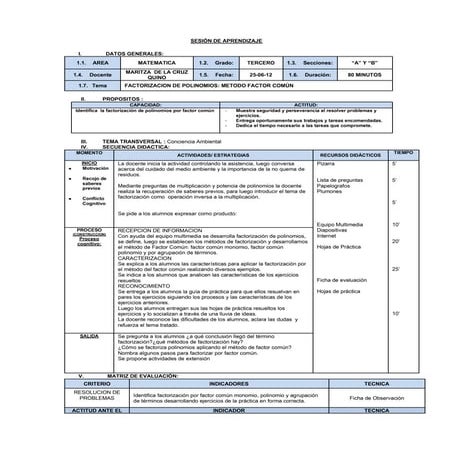 Sesión de aprendizaje de matematica 3º