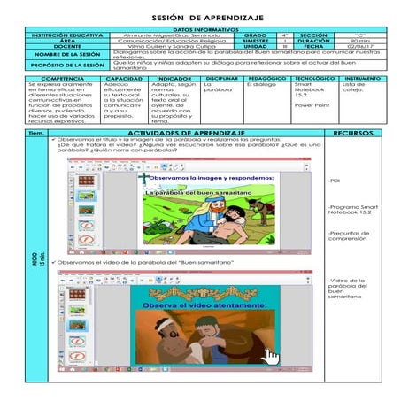 Sesión de aprendizaje dialogamos sobre el actuar de la parábola del buen sama...