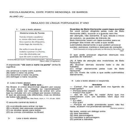 Simulado de Português 5º ano Edite Porto 2014
