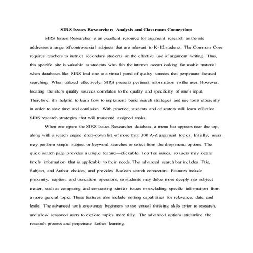 SIRS Analysis and Classroom Connections