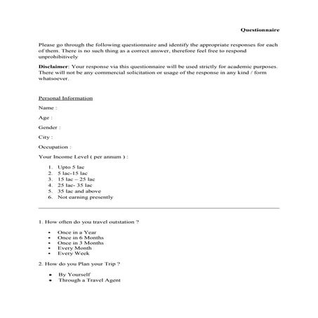 Questionnaire on Travel and Tourism