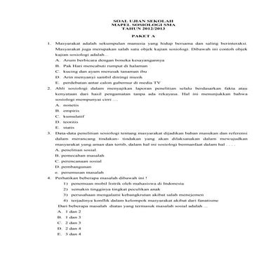 Soal sosiologi ujian sekolah paket A