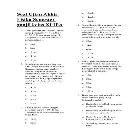 Soal ujian akhir fisika semester ganjil kelas xi ipa