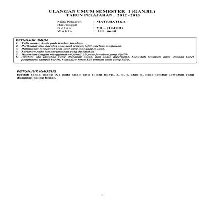 Soal ulangan umum semester i smp kelas vii   matematika arini