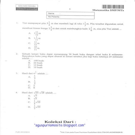 Soal un matematika smp 2014 paket 2