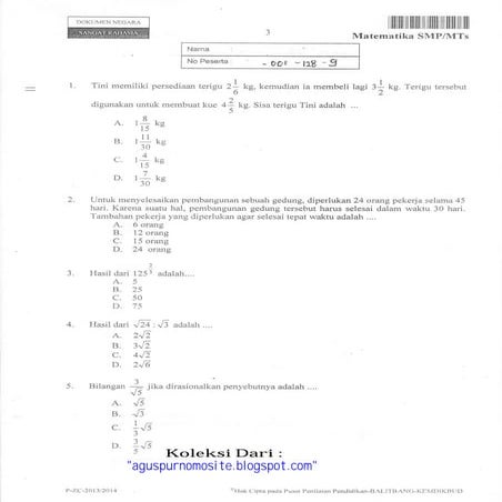 Soal un matematika smp 2014 paket 3