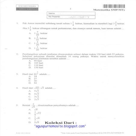 Soal un matematika smp 2014 paket 8