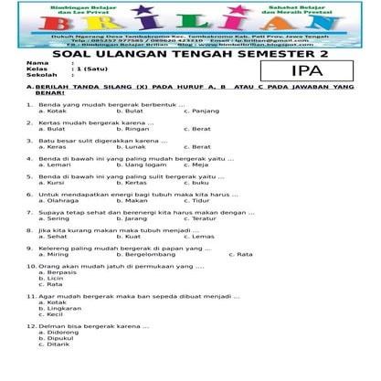 Soal uts ipa kelas 1 sd semester 2