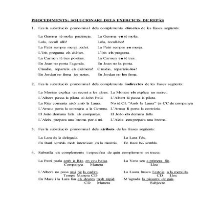 Solucions dels exercicis de repàs de la substitució pronominal dels complements