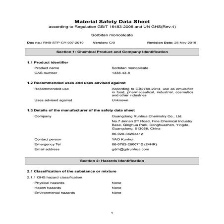 sorbitan monooleate msds material safety data sheet