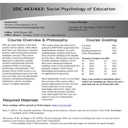 SOC 463/663 (Social Psych of Education) - Spring 2015 Syllabus
