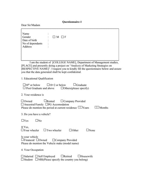Survey questionnaire format for project