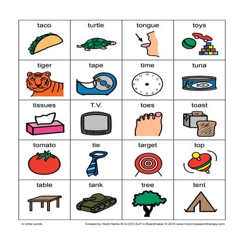 Initial T words for Kindergarten students