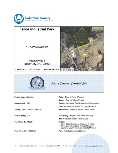 AVAILABLE! Tabor Industrial Park 10 Acres Available Highway 904 Tabor City, N...