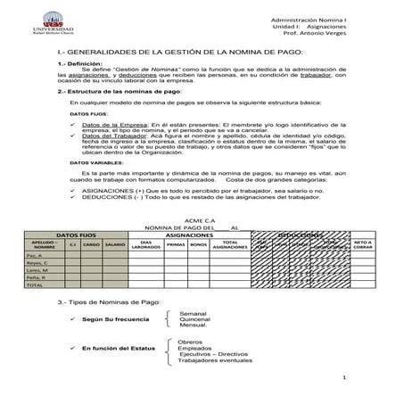 Nomina I: Asignaciones