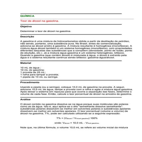 Teor de álcool na gasolina como saber !