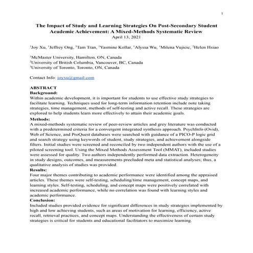 The Impact of Study and Learning Strategies On Post-Secondary Student Academi...
