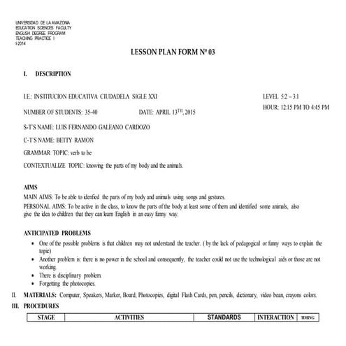 lesson plan. knowing the parts of my body and the animals