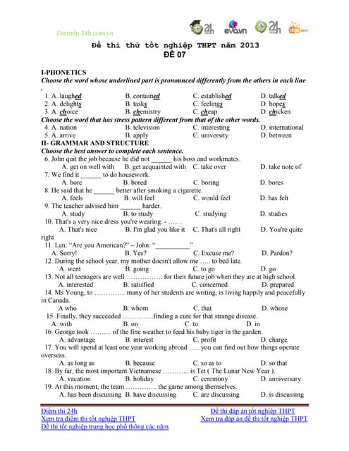 đề Thi thử tốt nghiệp thpt môn tiếng anh