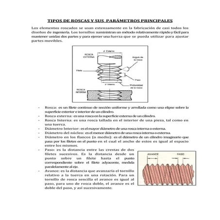 Tipos de roscas y sus  parámetros principales