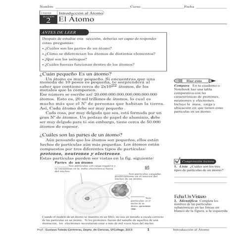 GUÍA: ÁTomo,  introducción a su estudio