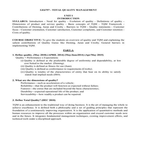 Total Quality Management 2Mark Materials and Question Bank