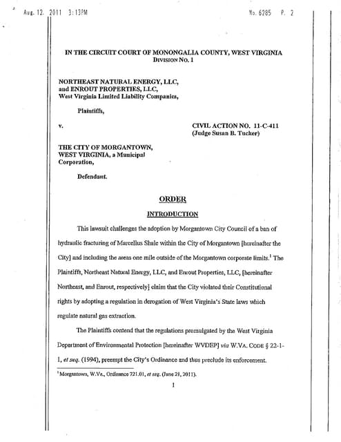 Monongalia County Circuit Court Order Overturning Morgantown, WV Fracking Ban