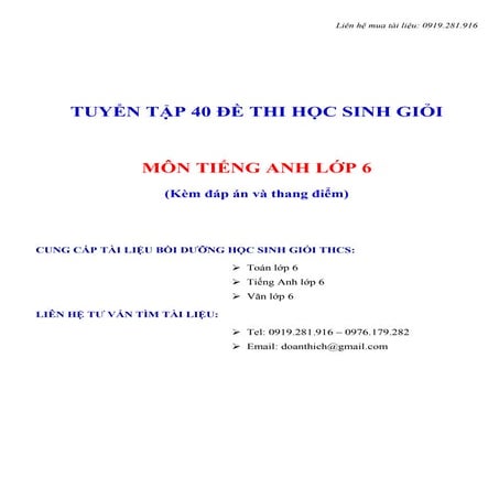 Tuyển tập 40 để thi HSG môn Tiếng Anh lớp 6 có đáp án