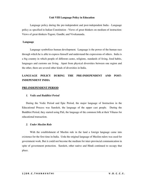 Unit VIII Language Policy in Education Dr.C.Thanavathi