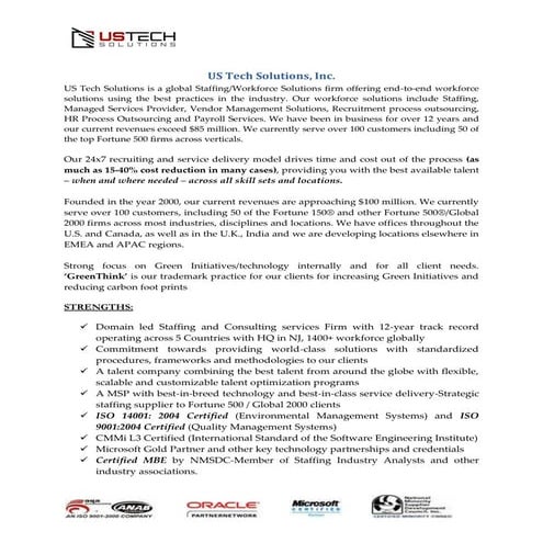 US Tech Solutions, Inc line card of services  2013