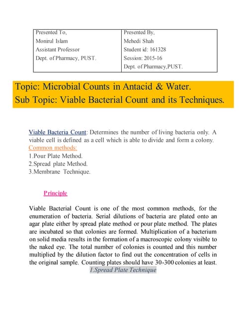 Viable bacterial count and its techniques.