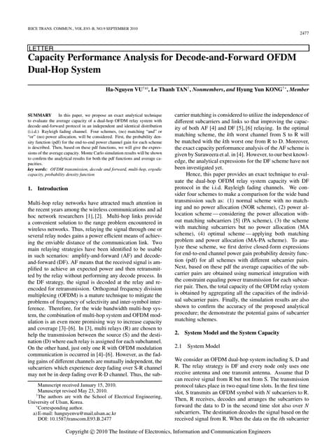 Capacity Performance Analysis for Decode-and-Forward OFDMDual-Hop System