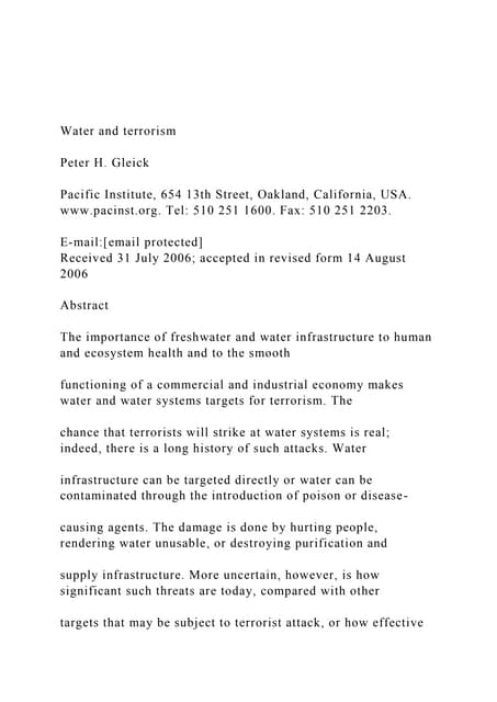 Water and terrorismPeter H. GleickPacific Institute, 6.docx